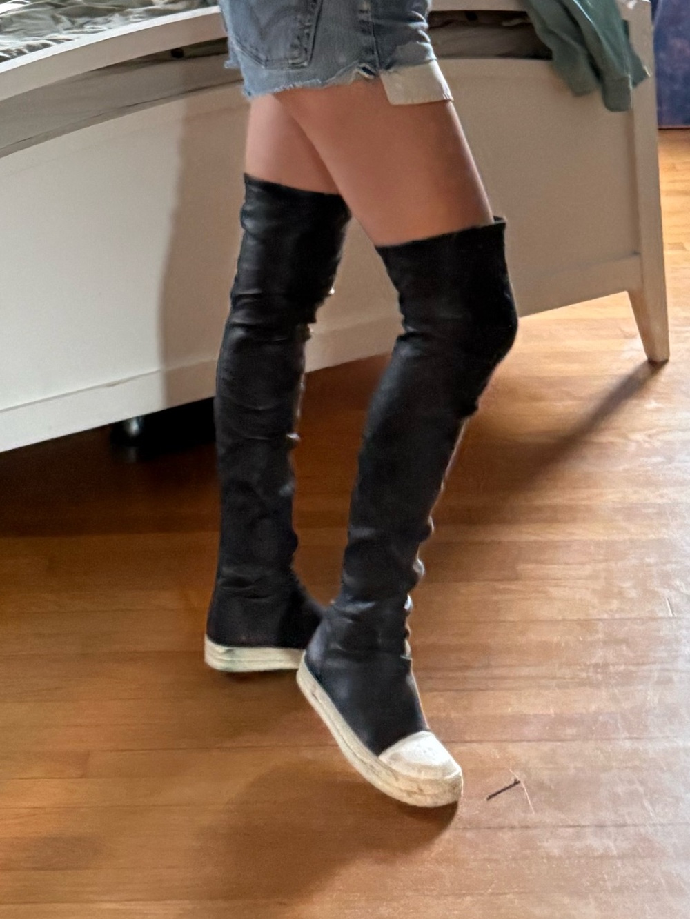 Rick Owens Black Over-the-Knee Leather Boots with White Toe Cap